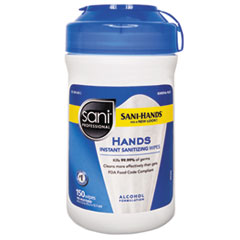 SANI HANDS INSTANT SANITIZING
WIPES, 6X5, WHITE,
150/CANISTER, 12/CS